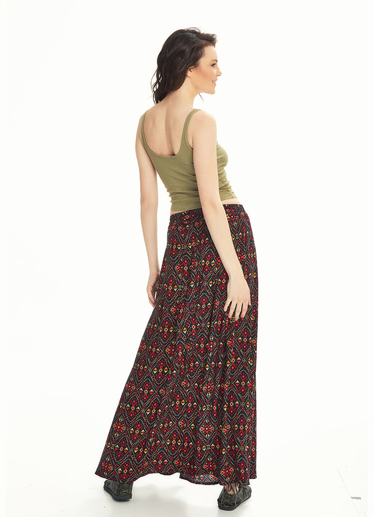 Ethnic Print Pleated Elastic Banded Maxi Black Skirt