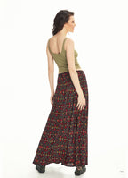 Ethnic Print Pleated Elastic Banded Maxi Black Skirt