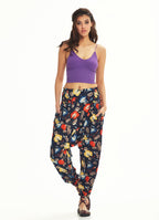 Ethnic Patterned Giped Waist Black Baggy Trousers