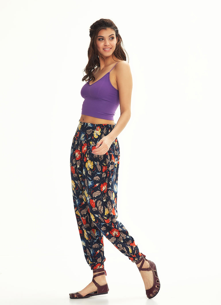 Ethnic Patterned Giped Waist Black Baggy Trousers