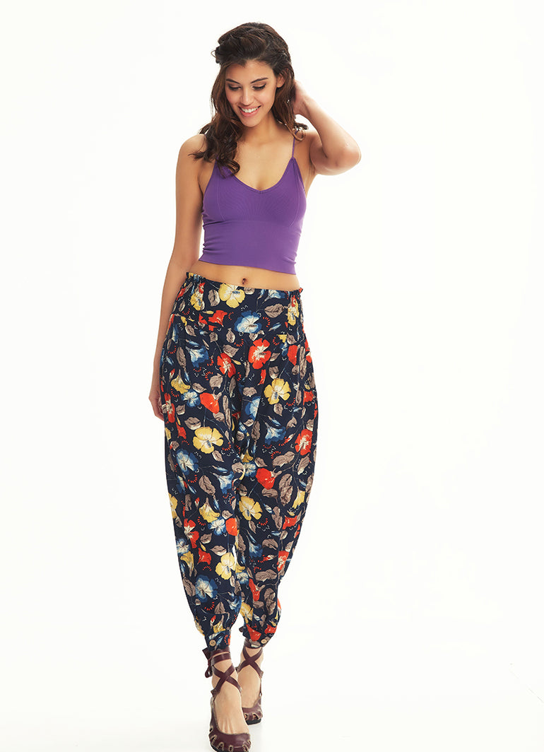 Ethnic Patterned Giped Waist Black Baggy Trousers