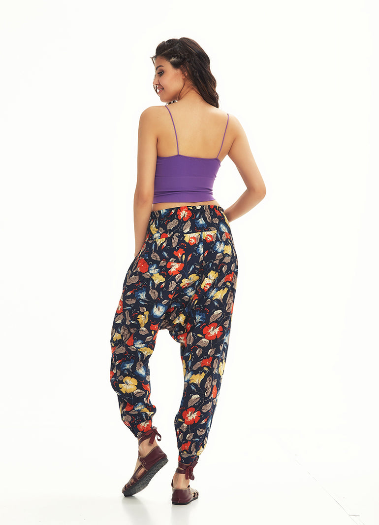 Ethnic Patterned Giped Waist Black Baggy Trousers