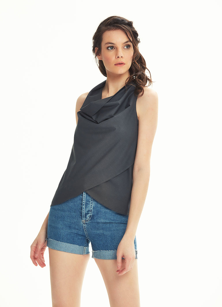 Bohemian Stylish Authentic Degaje Neck Gray Blouse
