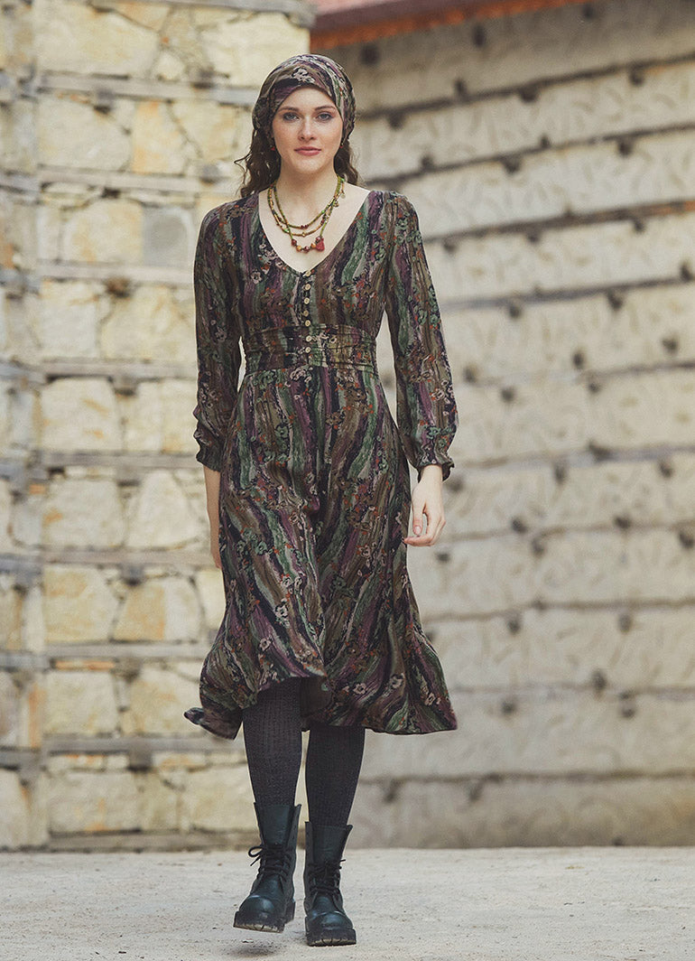 Boho Style Ruffle Sleeve Mink Patterned Dress
