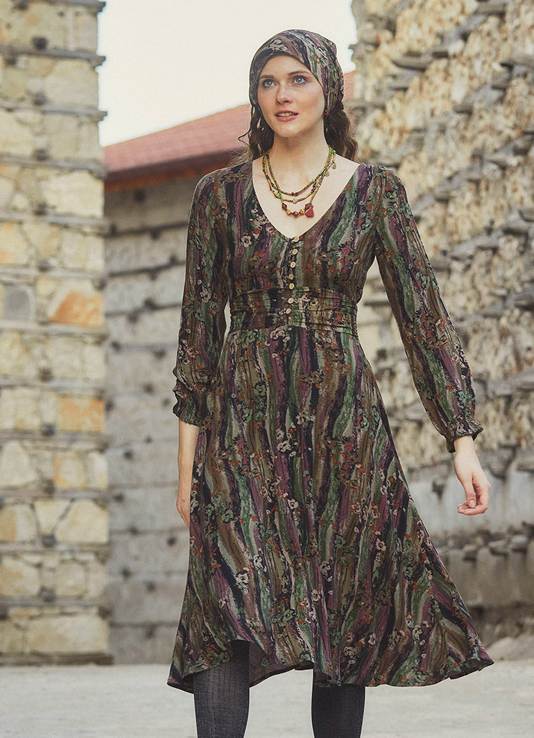 Boho Style Ruffle Sleeve Mink Patterned Dress