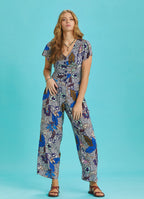 Half Sleeve Blue Patterned Bohemian Jumpsuit