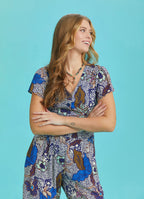 Half Sleeve Blue Patterned Bohemian Jumpsuit