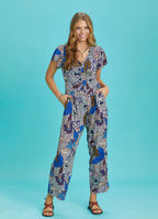 Half Sleeve Blue Patterned Bohemian Jumpsuit