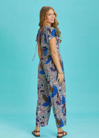 Half Sleeve Blue Patterned Bohemian Jumpsuit