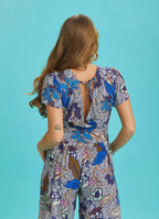 Half Sleeve Blue Patterned Bohemian Jumpsuit