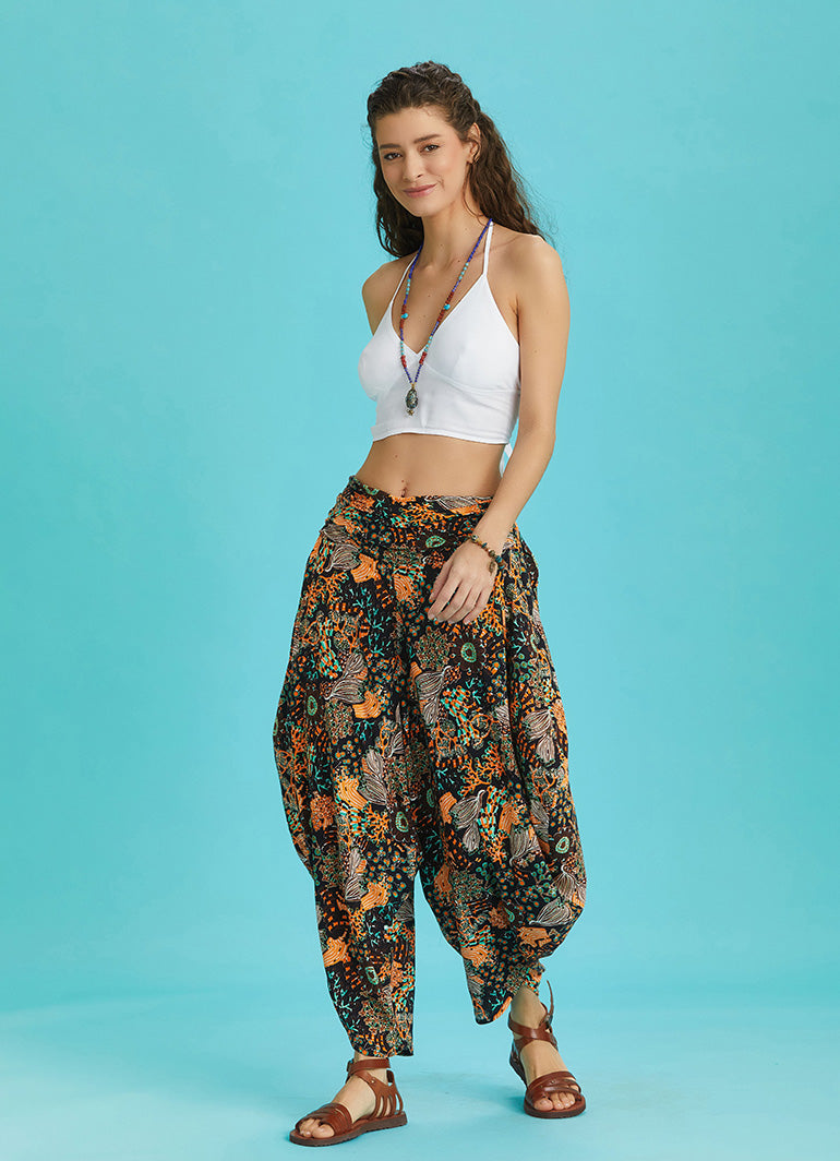 Draped Elastic Waist Floral Print Hippie Pants