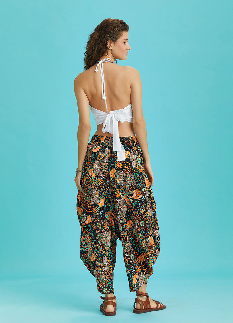 Draped Elastic Waist Floral Print Hippie Pants