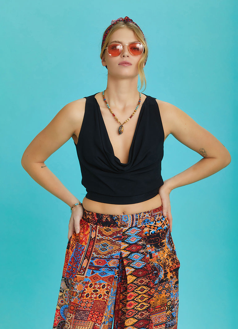 Elastic Hem Sleeveless Black Cowl Neck Crop Top