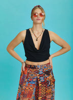 Elastic Hem Sleeveless Black Cowl Neck Crop Top