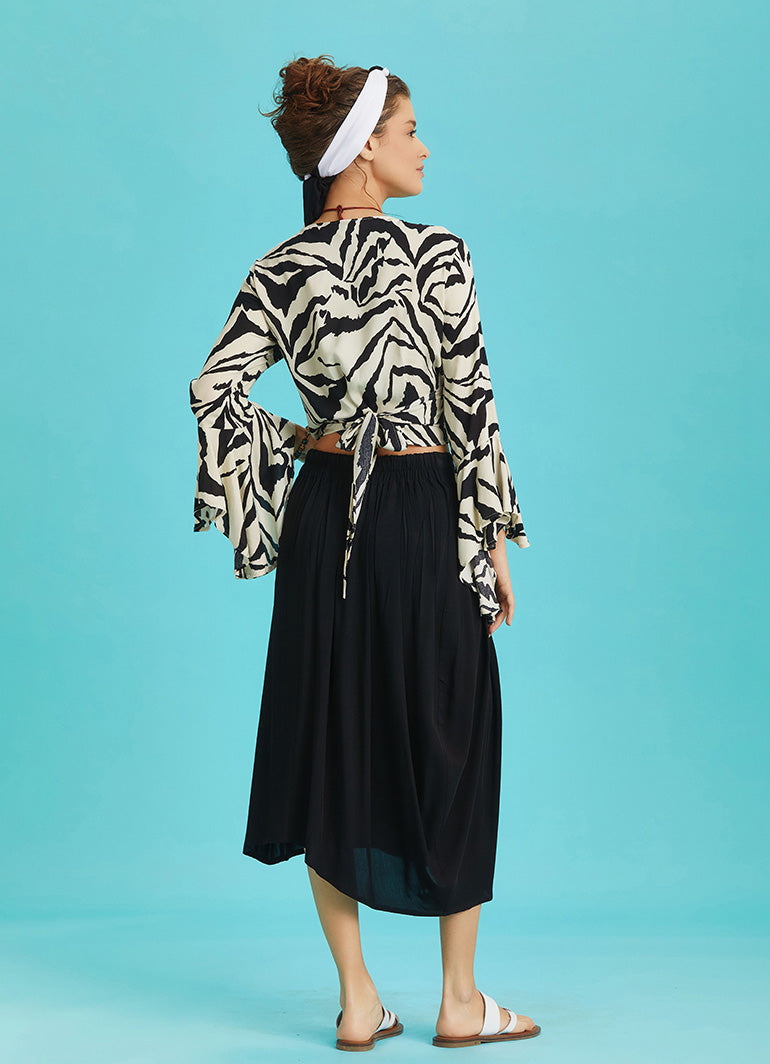 Button Closure Wrap Front Black Pleated Midi Skirt
