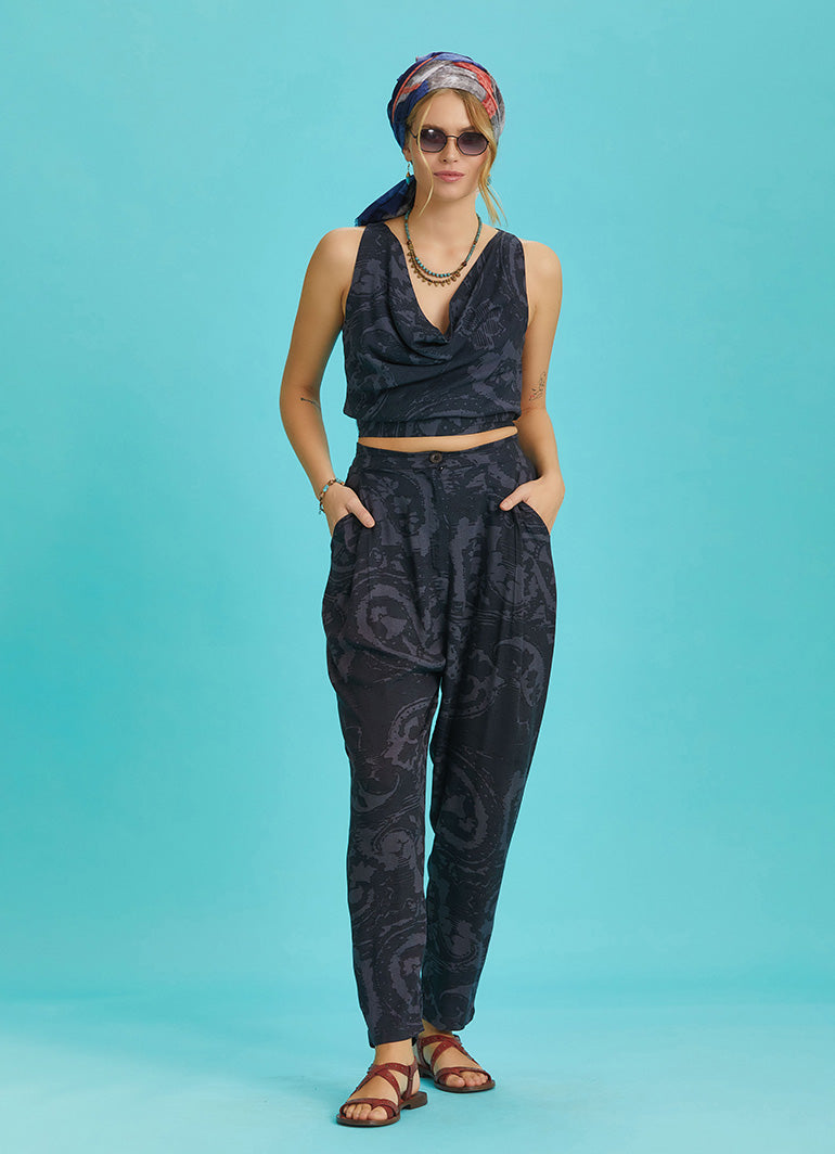 Drop Crotch Gray Printed Pleated Summer Pants