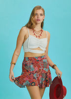 Boho Chic Style Red Print Ruffled Mini Skort