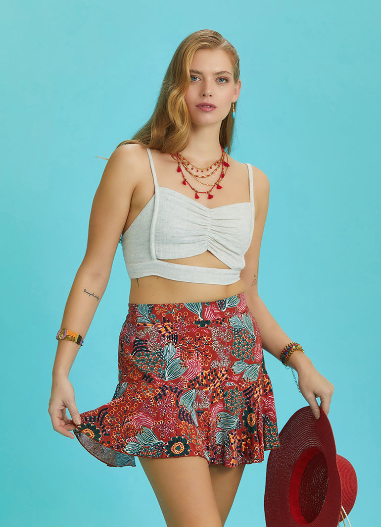Boho Chic Style Red Print Ruffled Mini Skort