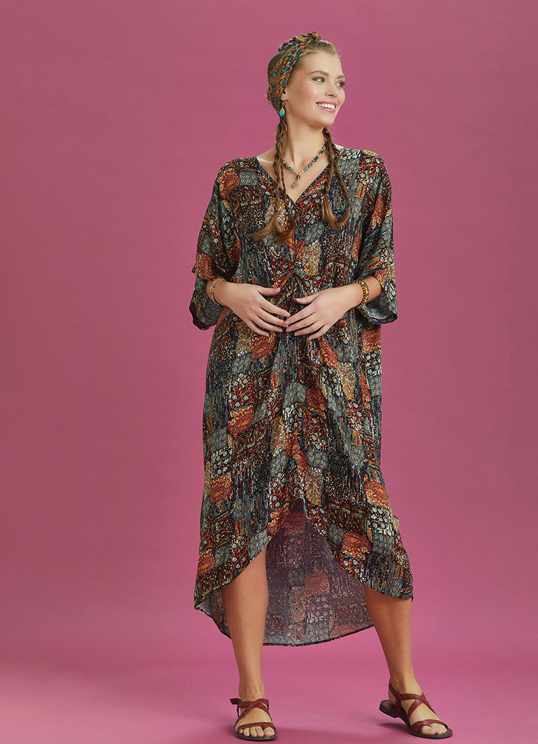 Twist Front Loose Khaki Bat Wing Dress