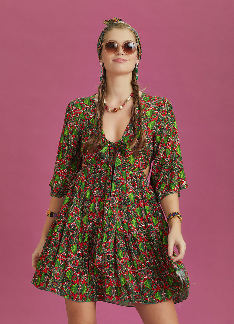 Frill Hem Tie Front Green Print Short Summer Dress