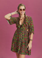 Frill Hem Tie Front Green Print Short Summer Dress