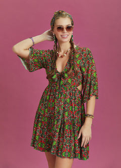 Frill Hem Tie Front Green Print Short Summer Dress