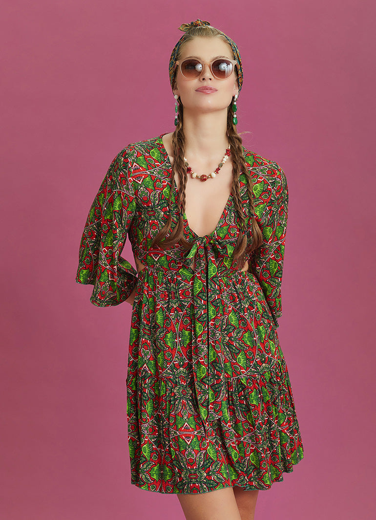 Frill Hem Tie Front Green Print Short Summer Dress
