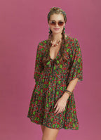 Frill Hem Tie Front Green Print Short Summer Dress