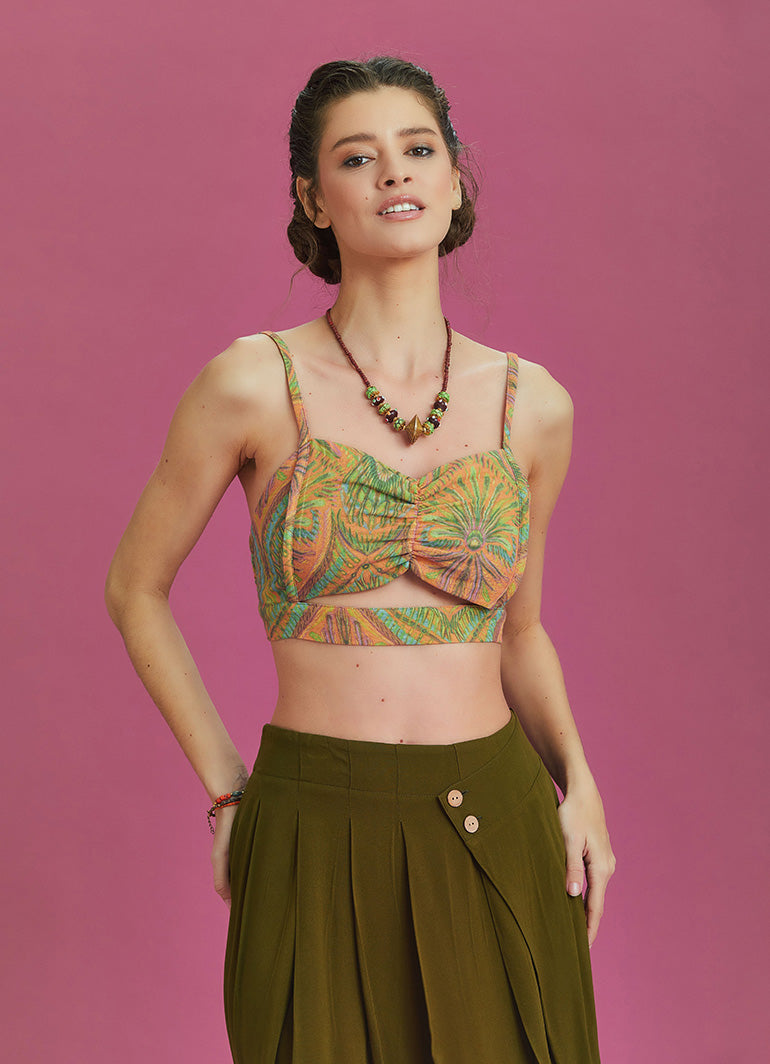 Cut Out Front Detail Cotton Print Bralette Top