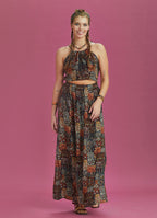 Open Back Halter Neck Khaki Printed Slit Sundress