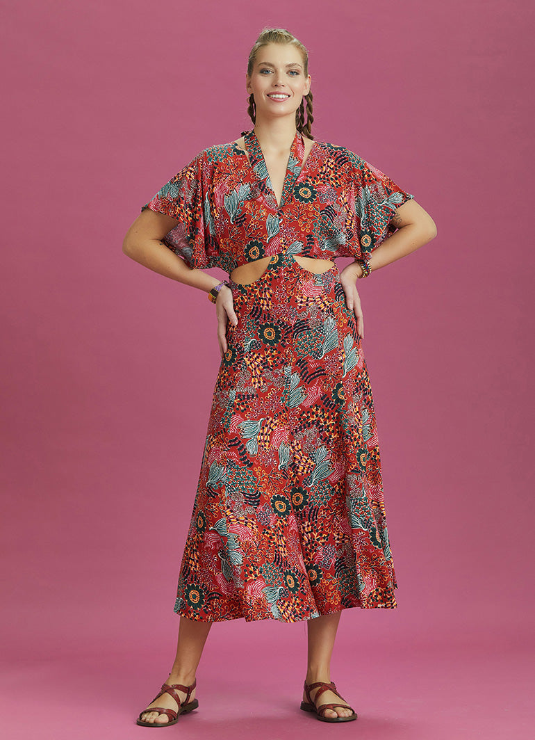 Boho Chic Style Red Printed Cut Out Dress