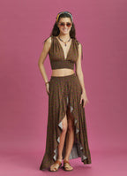 Split Front Frill Hem Green Print Long Gypsy Skirt