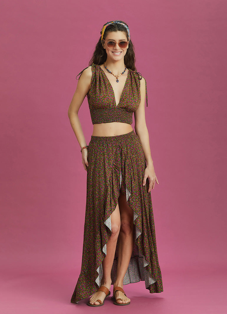 Split Front Frill Hem Green Print Long Gypsy Skirt