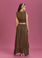 Split Front Frill Hem Green Print Long Gypsy Skirt
