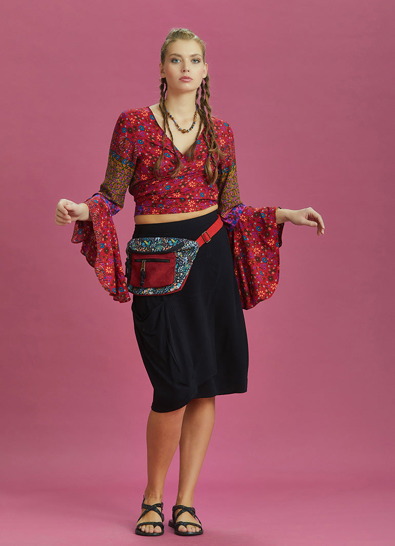 Orange Flowers Patterned Gypsy Style Bell Sleeve Crop Top