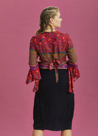 Orange Flowers Patterned Gypsy Style Bell Sleeve Crop Top