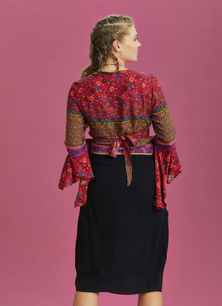 Orange Flowers Patterned Gypsy Style Bell Sleeve Crop Top