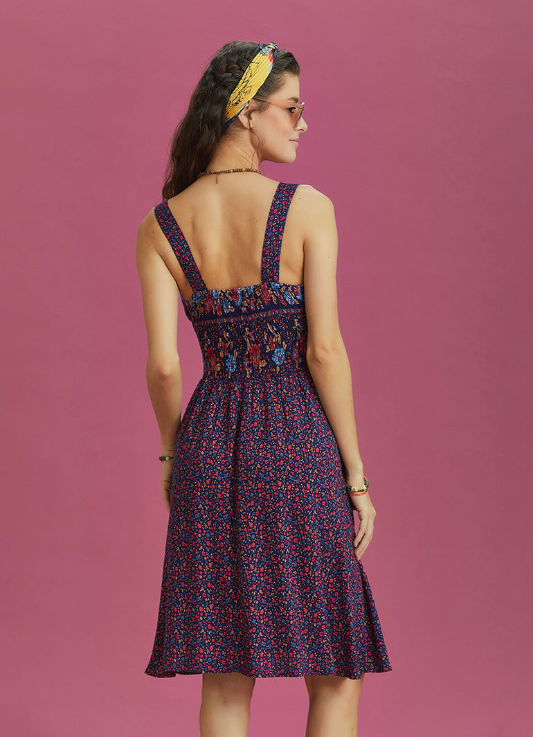 Double Breasted Neck Bohemian Style Flowers Patterned Dress