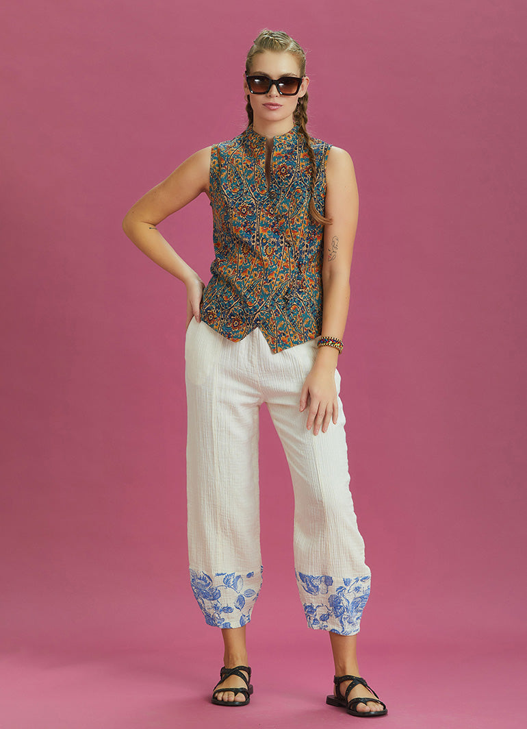 Bohem Style Cross Button Ethnic Print Blouse