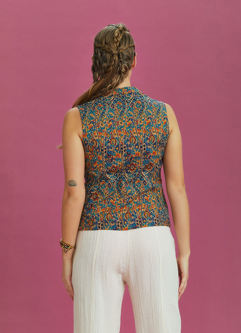 Bohem Style Cross Button Ethnic Print Blouse