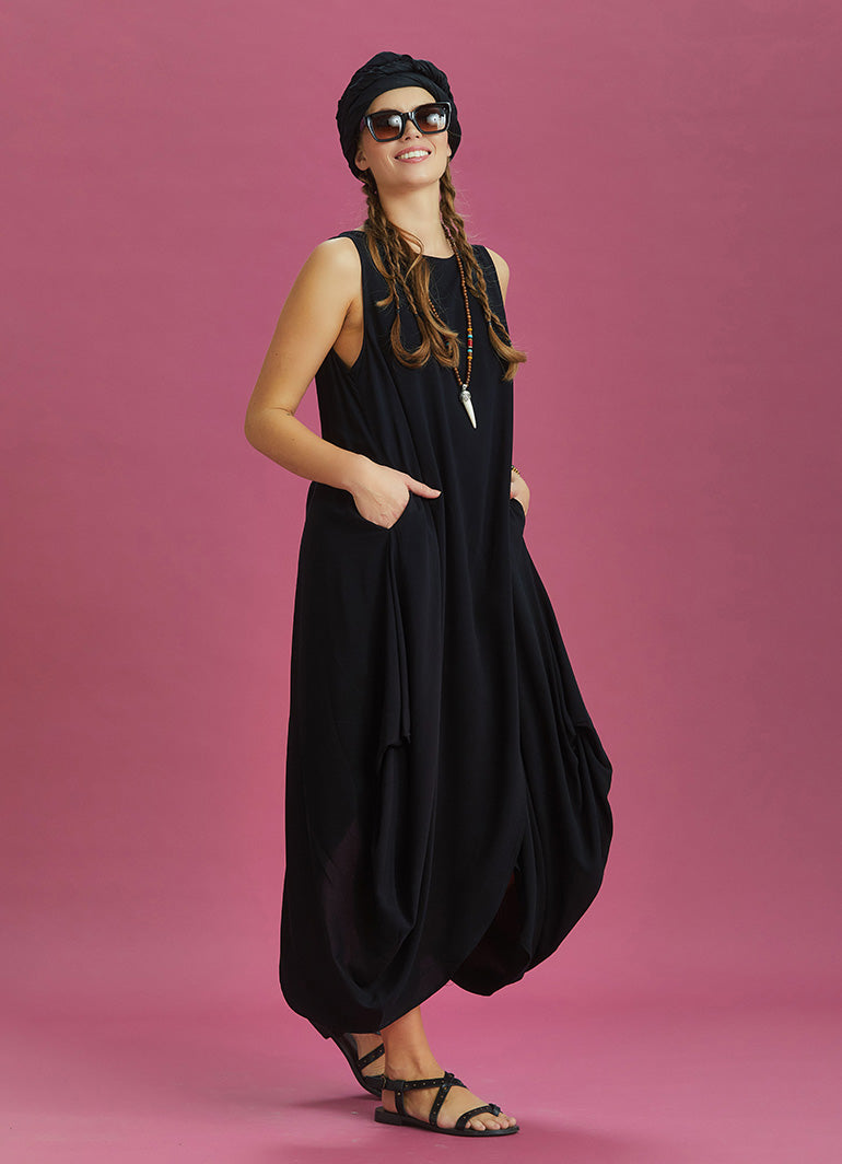 Sleeveless Front Layered Black Baggy Summer Dress