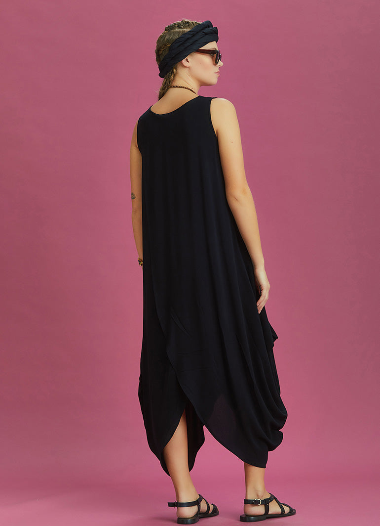 Sleeveless Front Layered Black Baggy Summer Dress