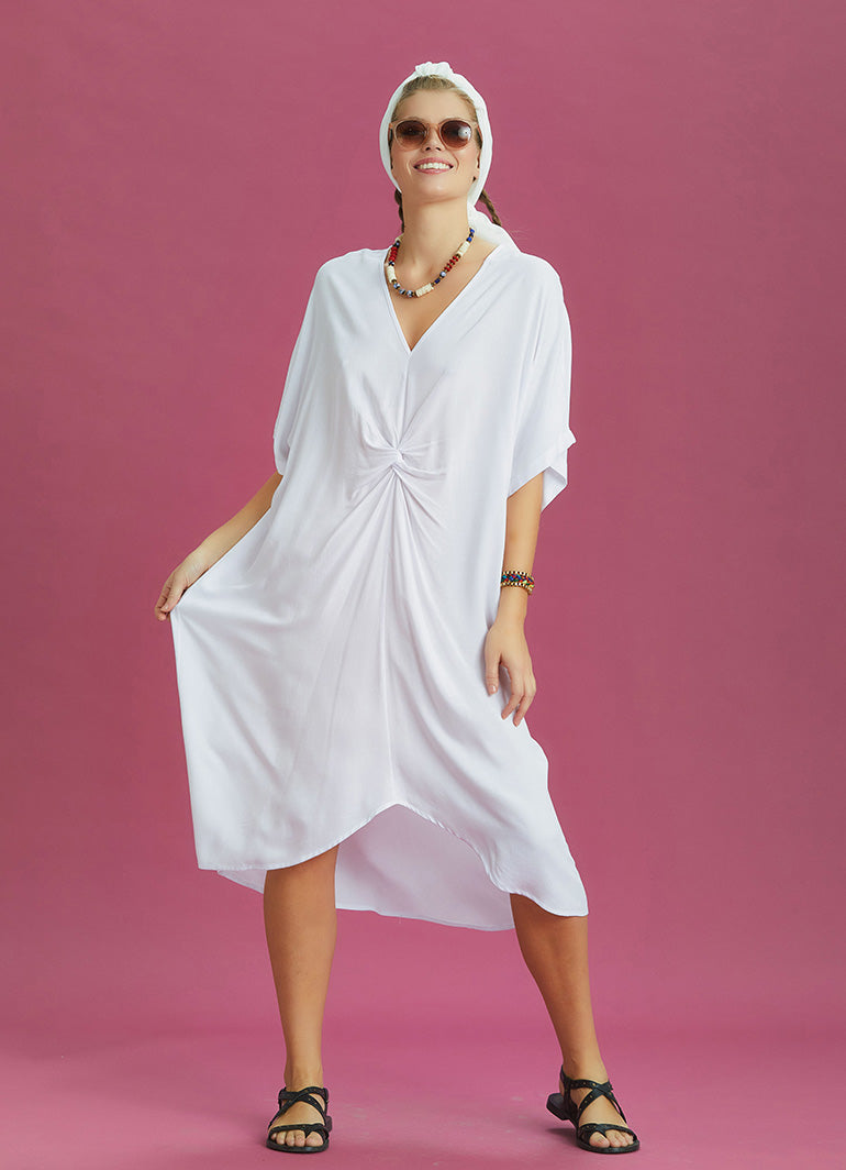 Twist Front Loose White Bat Wing Dress