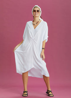 Twist Front Loose White Bat Wing Dress