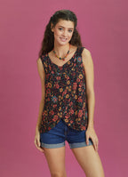 Black Floral Buttoned Summer Top