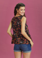 Black Floral Buttoned Summer Top