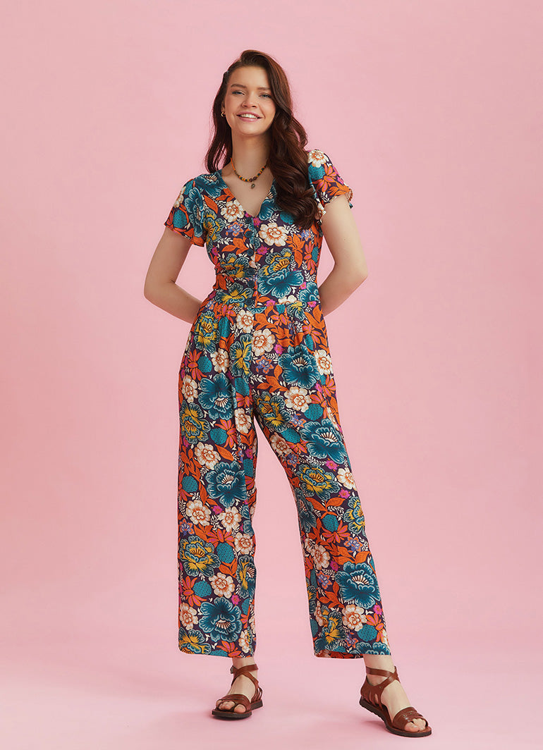Half Sleeve Floral Patterned Bohemian Jumpsuit