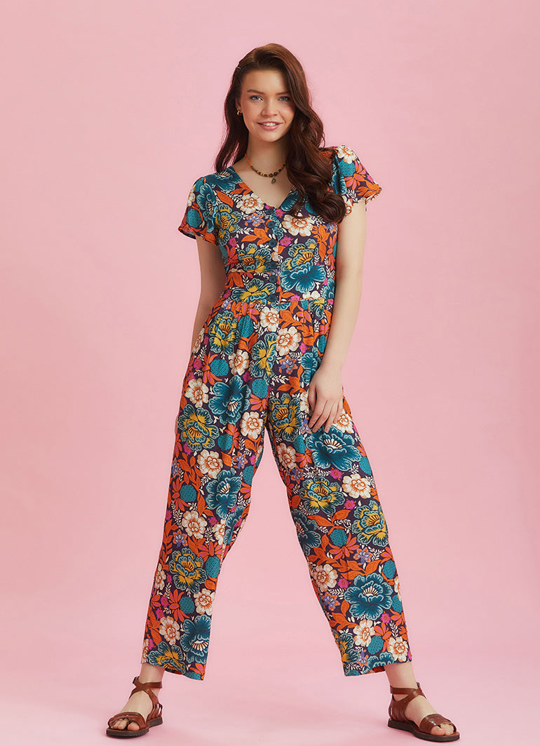 Half Sleeve Floral Patterned Bohemian Jumpsuit
