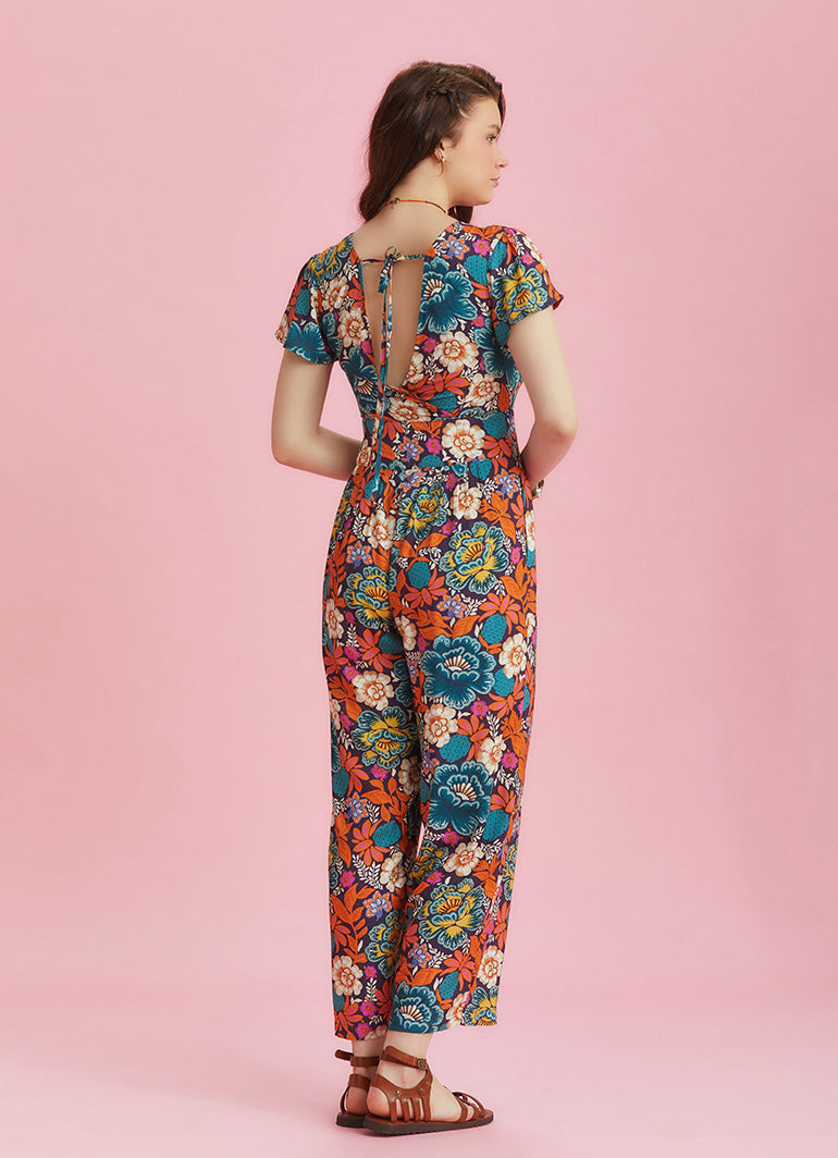 Half Sleeve Floral Patterned Bohemian Jumpsuit