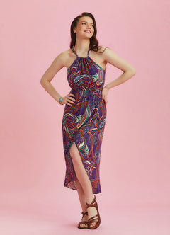 Purple Patterned Halter Neck Summer Dress